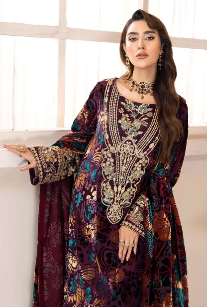 Livid Brown Stitched Embroidered Micro-Velvet Salwar Kameez and Dupatta