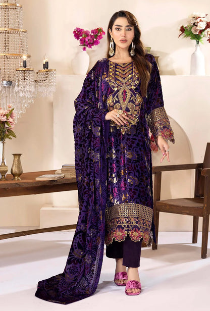 Grape Stitched Embroidered Micro-Velvet Salwar Kameez and Dupatta