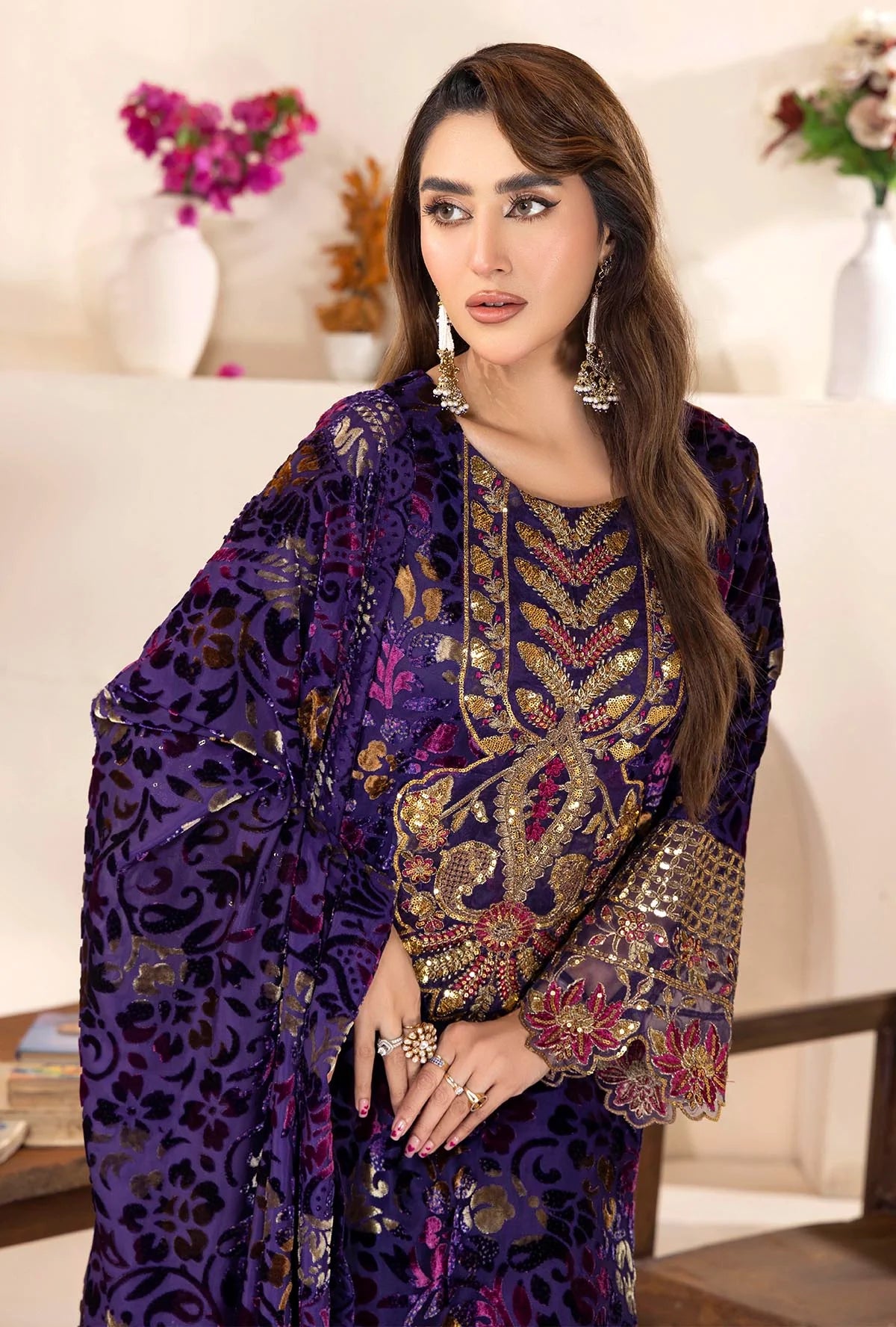 Grape Stitched Embroidered Micro-Velvet Salwar Kameez and Dupatta