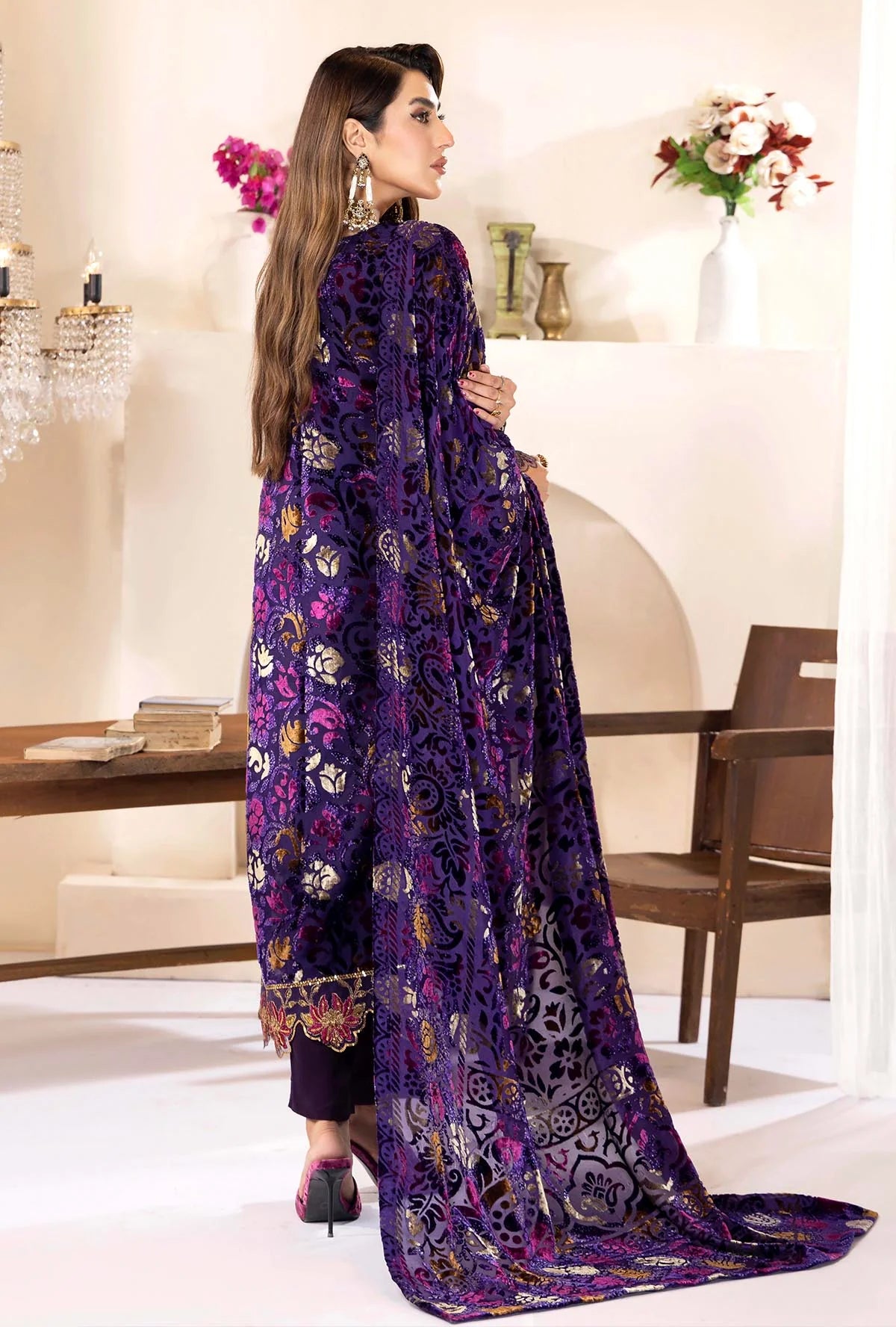 Grape Stitched Embroidered Micro-Velvet Salwar Kameez and Dupatta