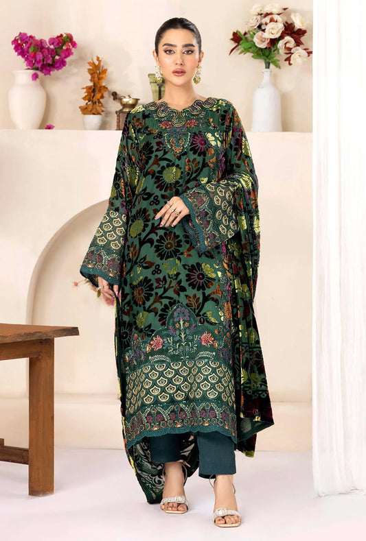 Green Stitched Embroidered Micro-Velvet Salwar Kameez and Dupatta