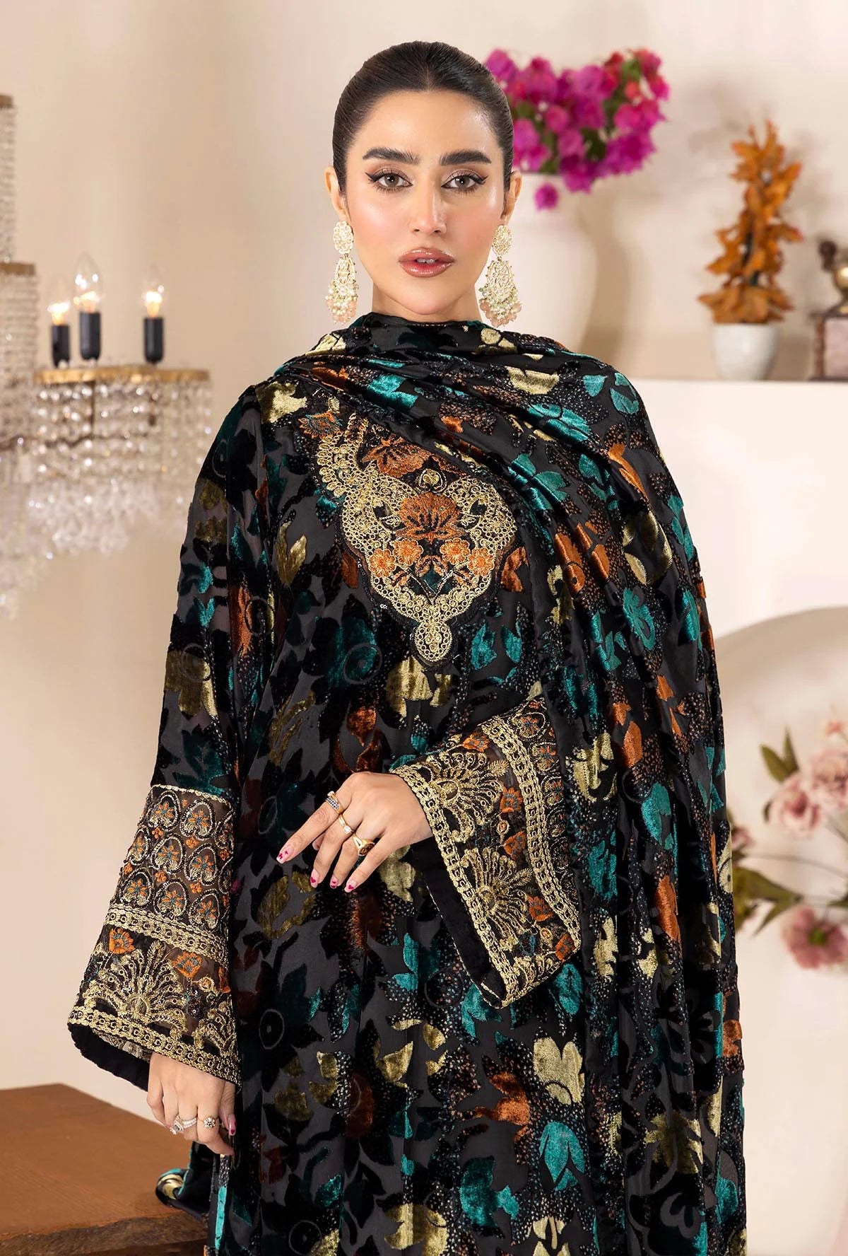 Bottle Green Stitched Embroidered Micro-Velvet Salwar Kameez and Dupatta