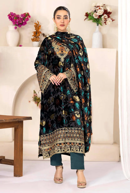 Bottle Green Stitched Embroidered Micro-Velvet Salwar Kameez and Dupatta