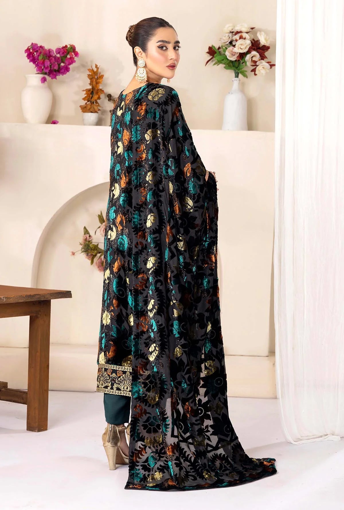 Bottle Green Stitched Embroidered Micro-Velvet Salwar Kameez and Dupatta