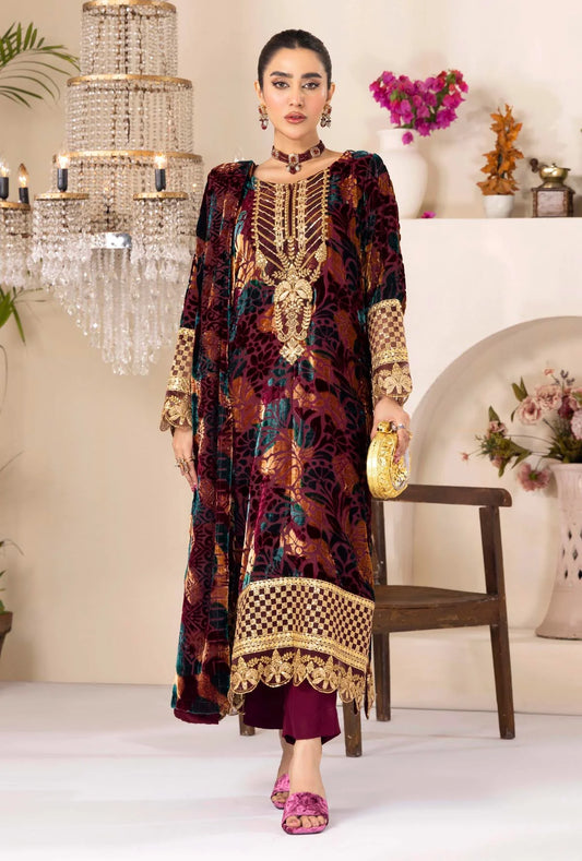 Metallic Copper Stitched Embroidered Micro-Velvet Salwar Kameez and Dupatta