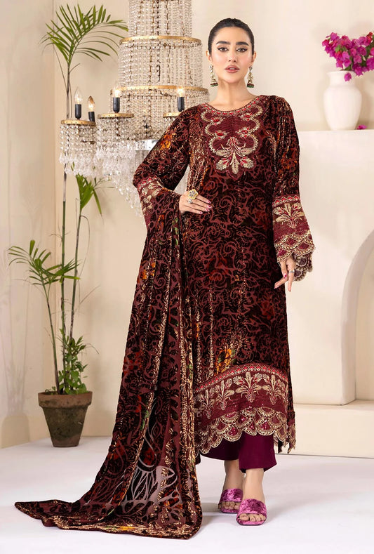 Maroon Stitched Embroidered Micro-Velvet Salwar Kameez and Dupatta