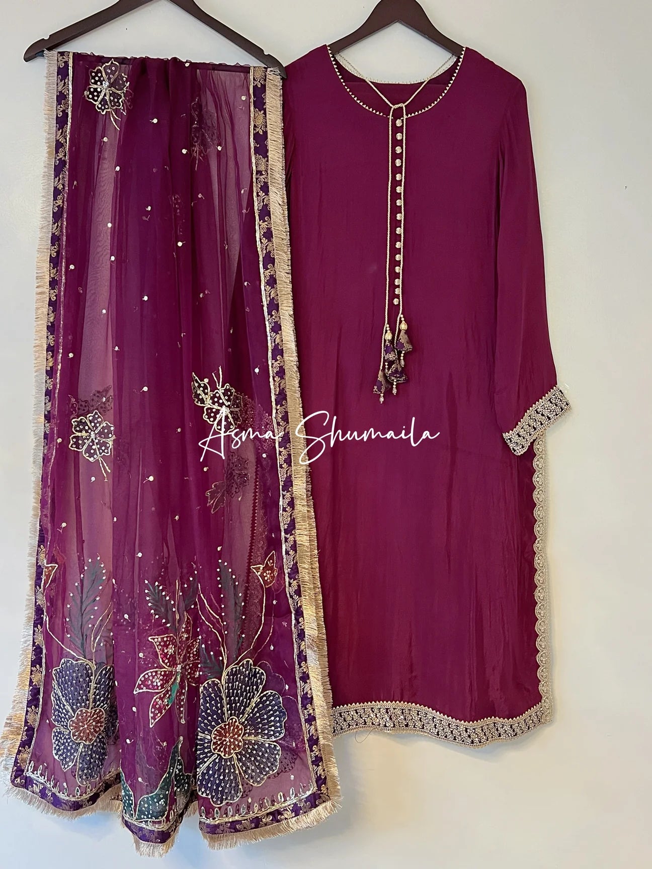 Ice blue silk with Handpainted dupatta