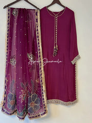 Ice blue silk with Handpainted dupatta
