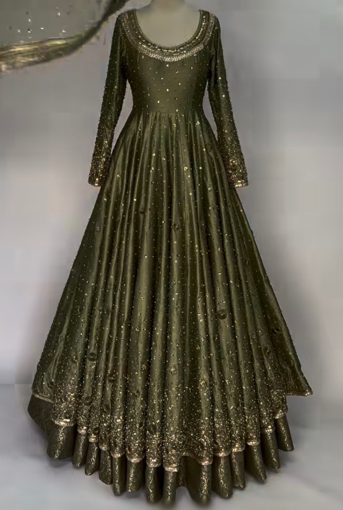 Olive Green Embellished Anarkali – 3 Piece Suit