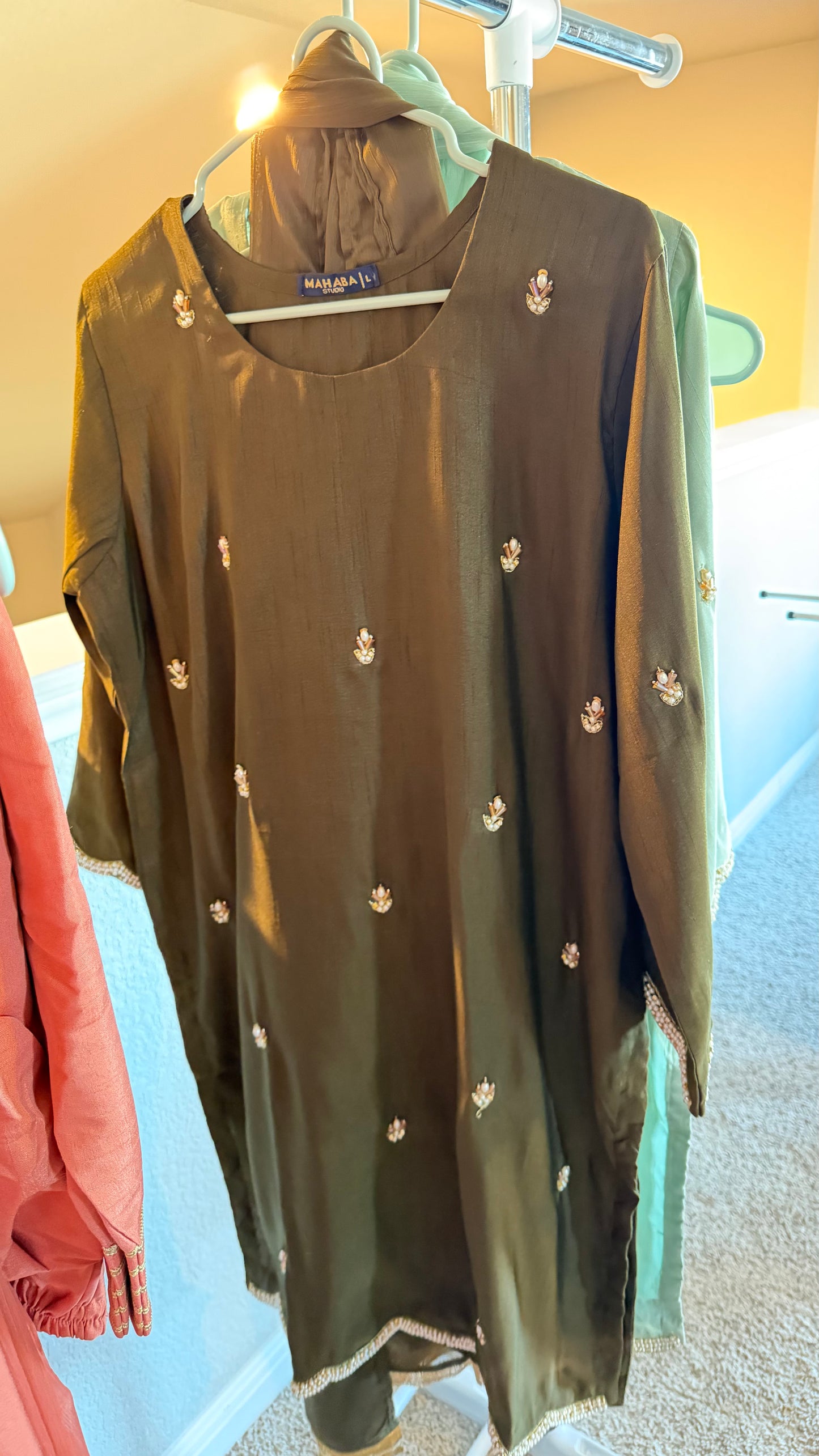 Korean Raw Silk Booti Shirt with Farshi Salwar & Chiffon Dupatta – 3 Piece Set