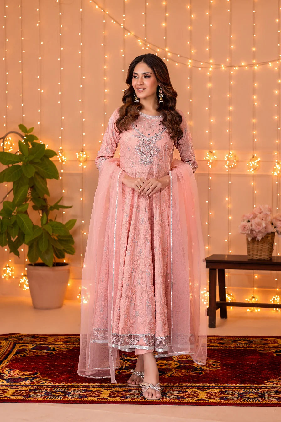 NF-5924 Peach Cotton Embroidered Frock | Stitched Suit