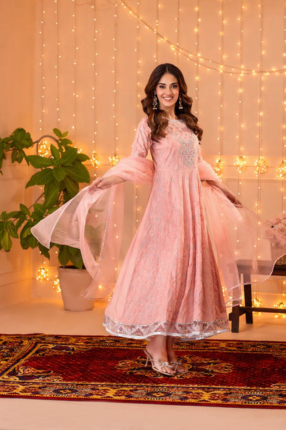 NF-5924 Peach Cotton Embroidered Frock | Stitched Suit