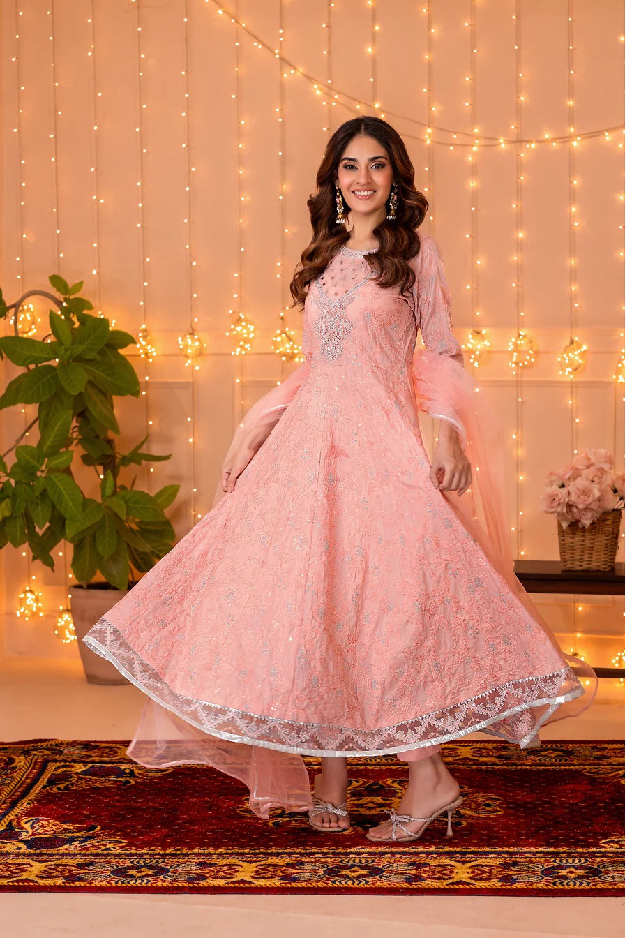 NF-5924 Peach Cotton Embroidered Frock | Stitched Suit