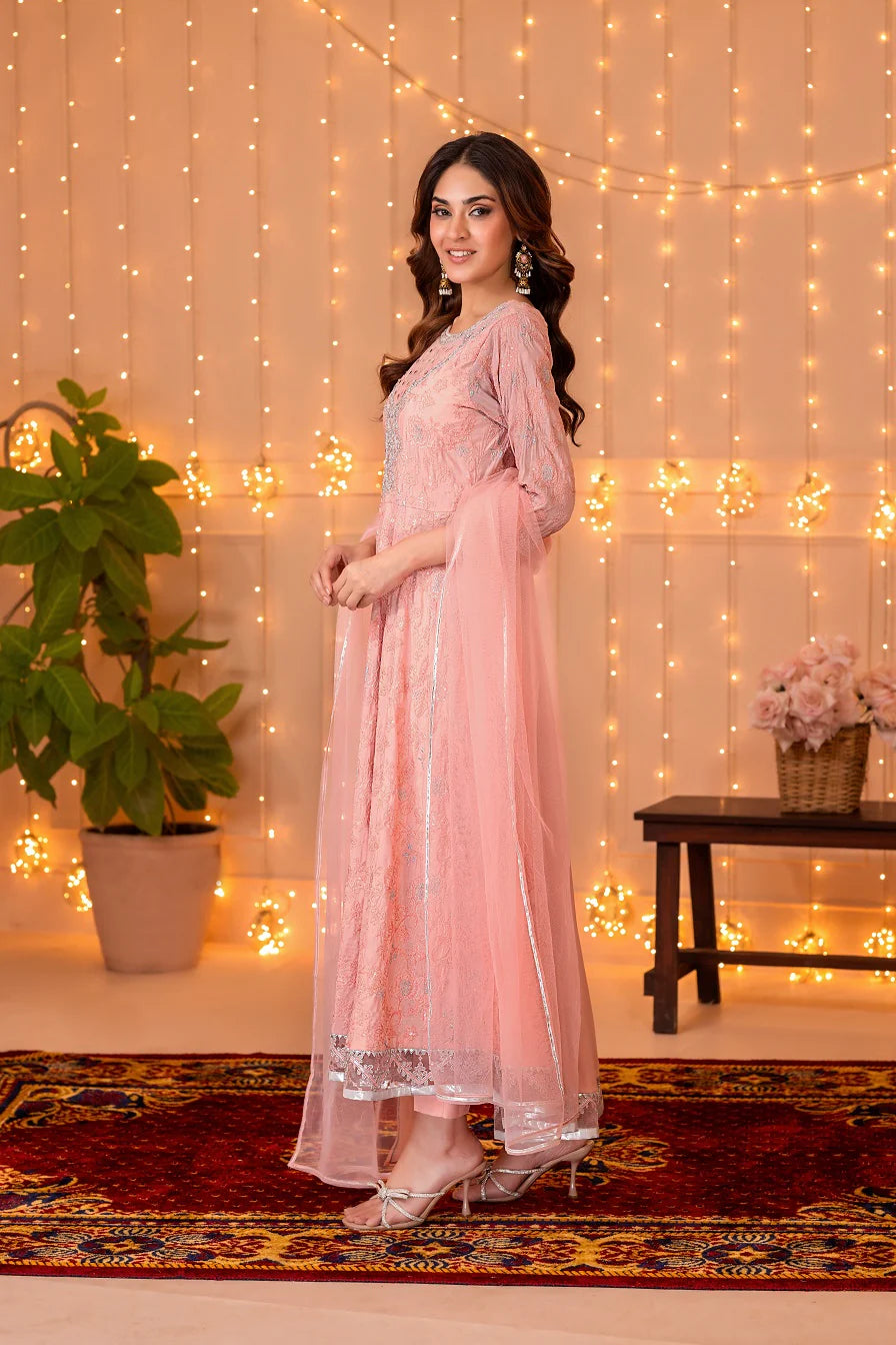 NF-5924 Peach Cotton Embroidered Frock | Stitched Suit