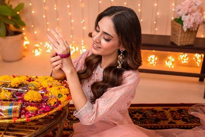 NF-5924 Peach Cotton Embroidered Frock | Stitched Suit