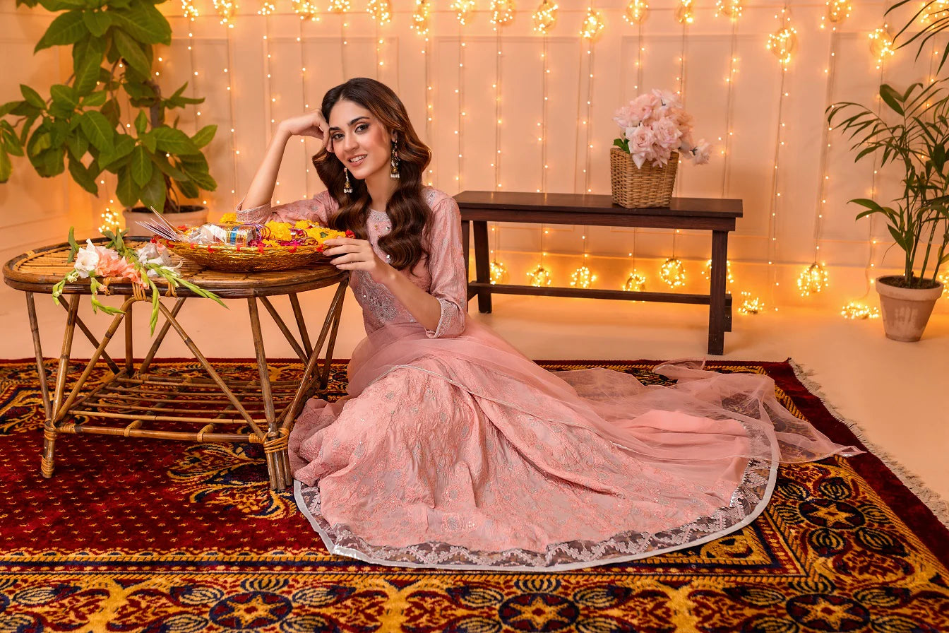 NF-5924 Peach Cotton Embroidered Frock | Stitched Suit