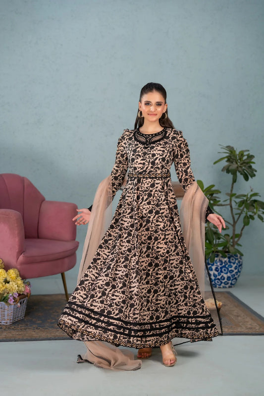 NF-5951 Beige & Black Printed Stitched Frock