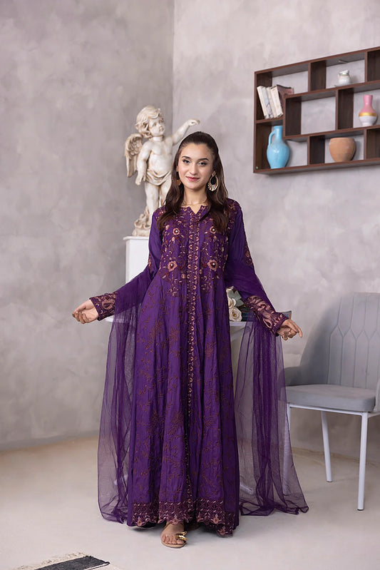 NF-5952 Purple Chikan Embroidered Stitched 3pc Frock