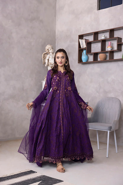 NF-5952 Purple Chikan Embroidered Stitched 3pc Frock