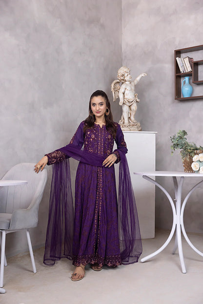 NF-5952 Purple Chikan Embroidered Stitched 3pc Frock