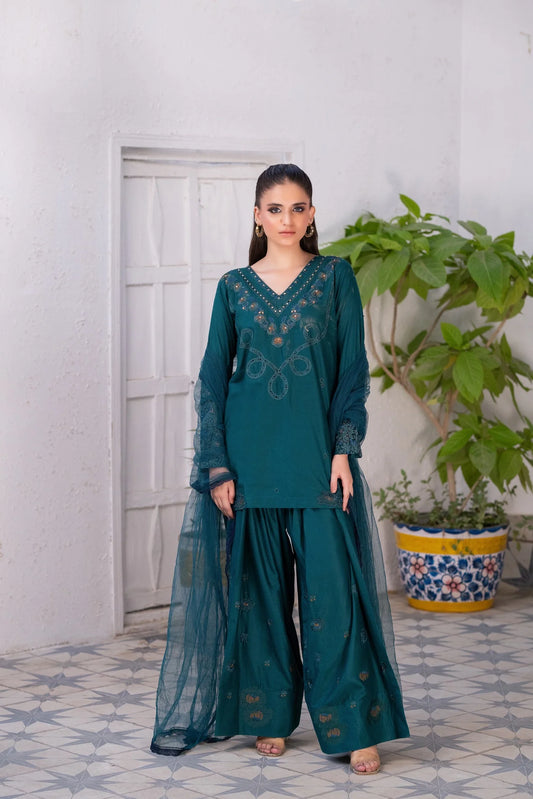 NF-6255 Bottle Green Embroidered Farshi Stitched Suit