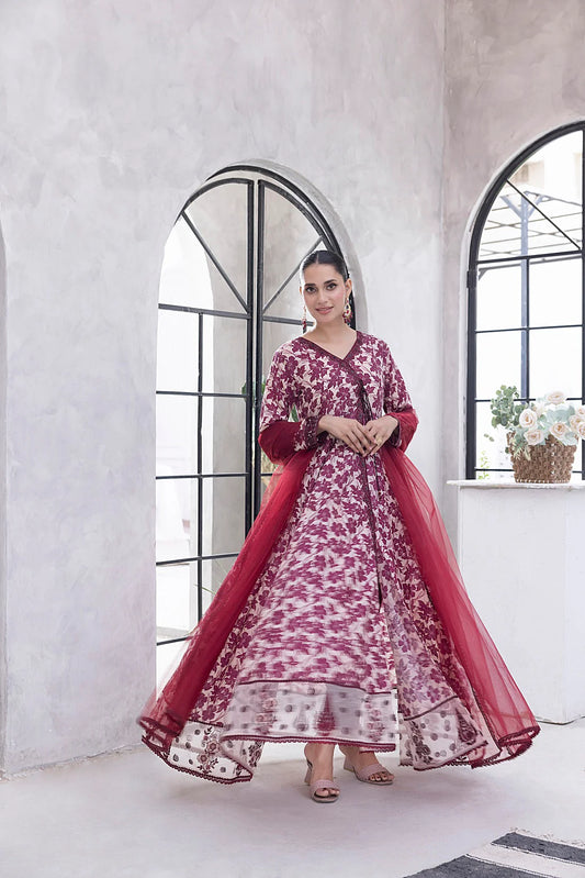NF-6329 Maroon & Beige Printed Frock | Stitched Suit