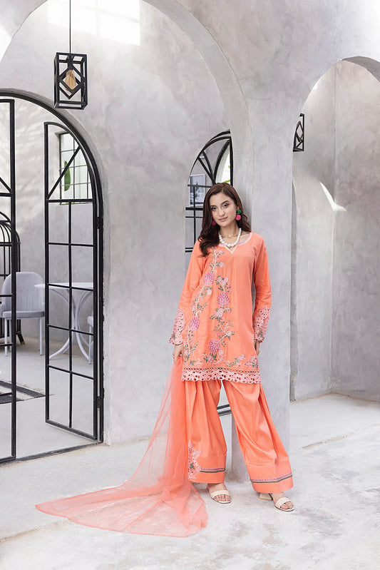 NF-6513 Peach Cotton Embroidered 3pc Suit