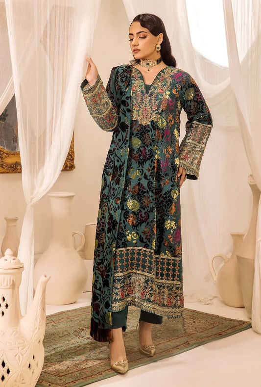 Green Stitched Embroidered Micro-Velvet Salwar Kameez and Dupatta