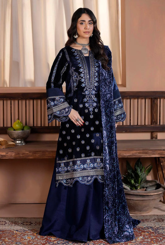 Plachi-0003 Stitched Embroidered Velvet Salwar Kameez with Velvet Shawl