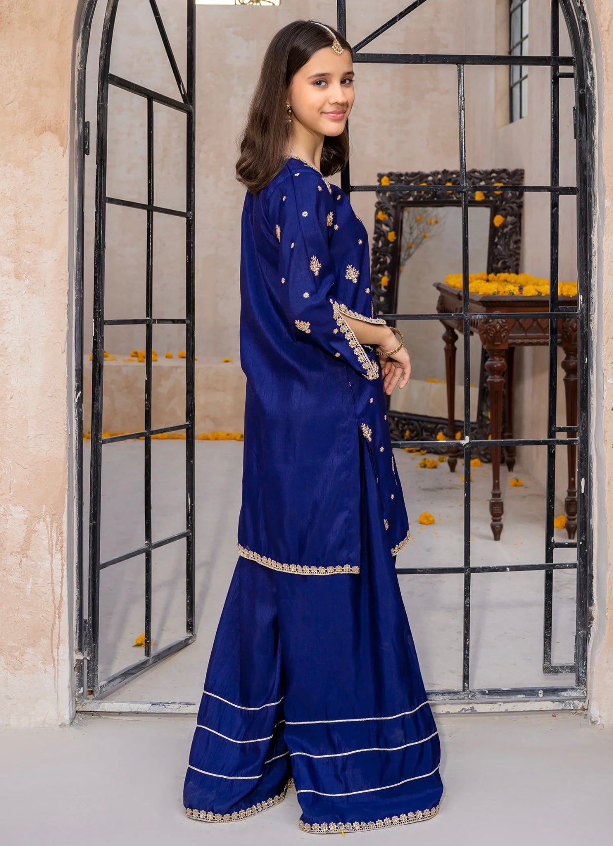 Blue Rawsilk Embroidered 3 Piece Gharara