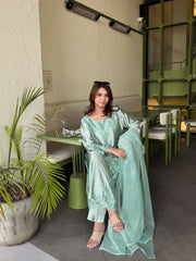 Short Silk Long Shirt with Cutwork Details & Chiffon Dupatta – 3 Piece Set