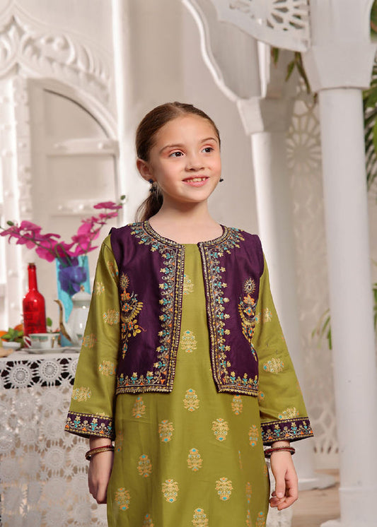 Rainbow Koti Style 3-Piece Kurta Set for Girls - Dhani Green | Mahaba Studio