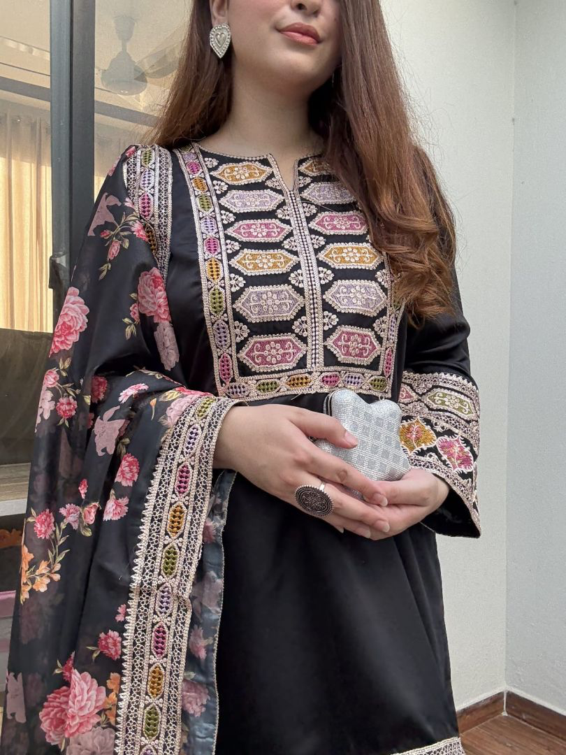 Premium Silk Afghani Embroidered Shirt with Patiala Salwar & Printed Dupatta – 3 Piece Set