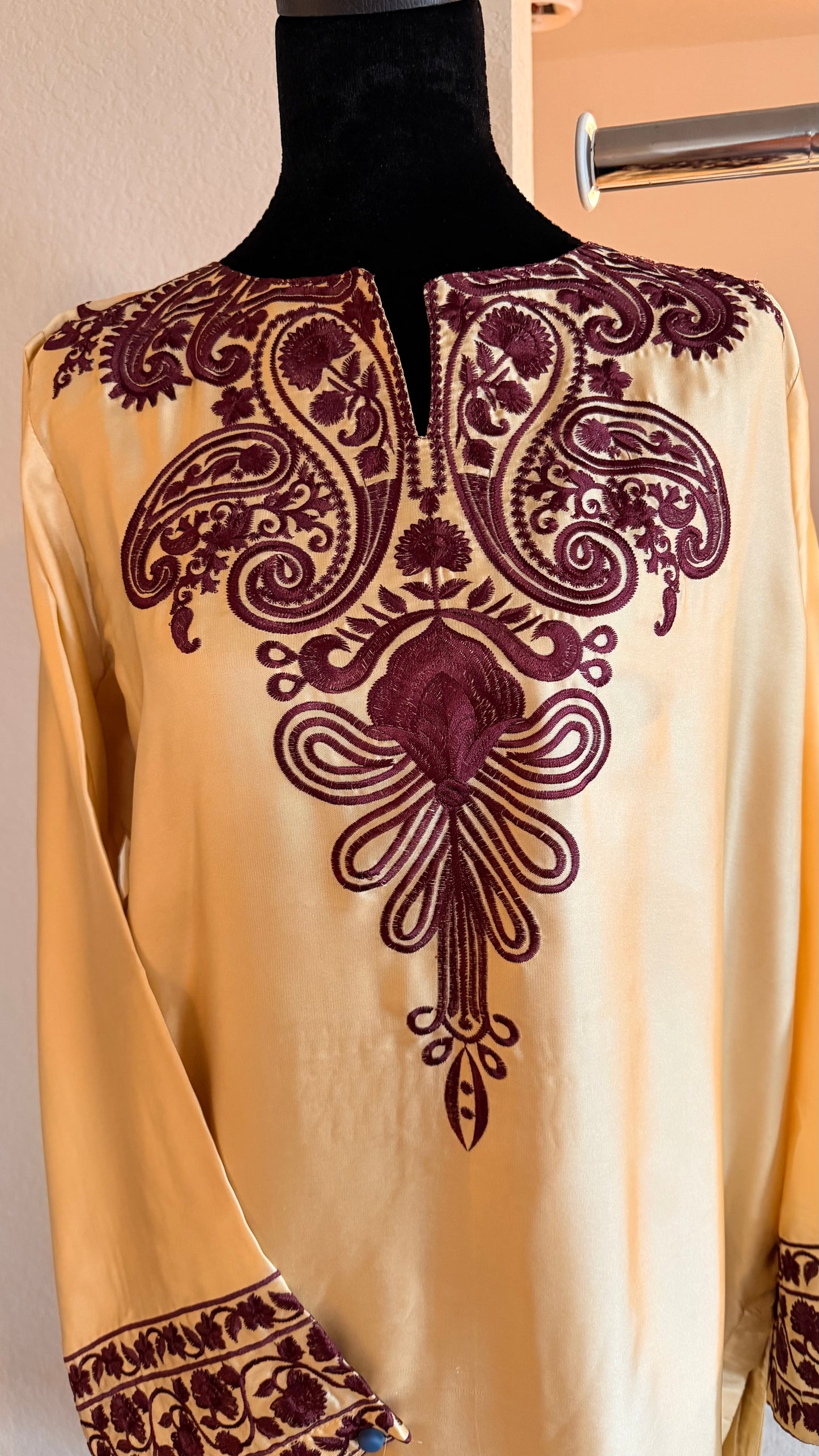 Shamoz Silk Embroidered Off-White Gold Long Shirt Set – 3 Piece | Ready to Ship