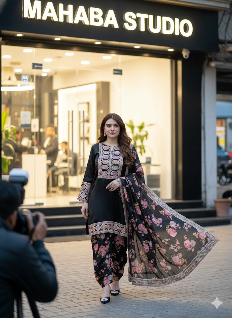 Premium Silk Afghani Embroidered Shirt with Patiala Salwar & Printed Dupatta – 3 Piece Set