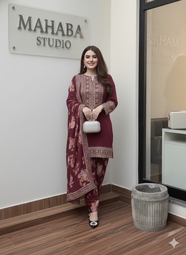 Premium Silk Afghani Embroidered Shirt with Patiala Salwar & Printed Dupatta – 3 Piece Set