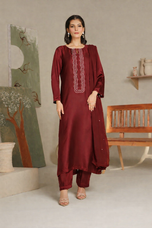 Shamoz Silk Straight Trouser & Shirt- 3Pcs