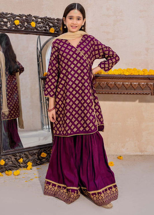 3 Piece Purple Printed raw silk gharara