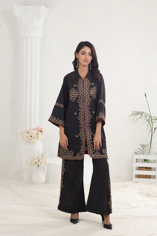 Black Silk Co-ord Stitched 2pc Suit