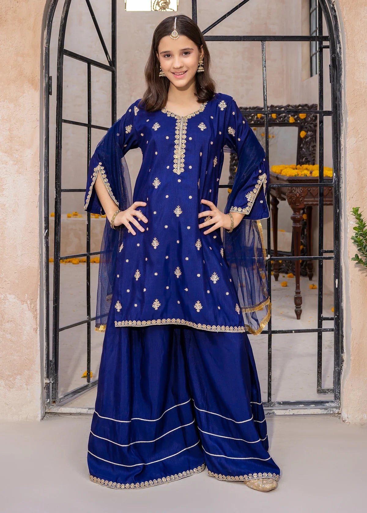 Blue Rawsilk Embroidered 3 Piece Gharara