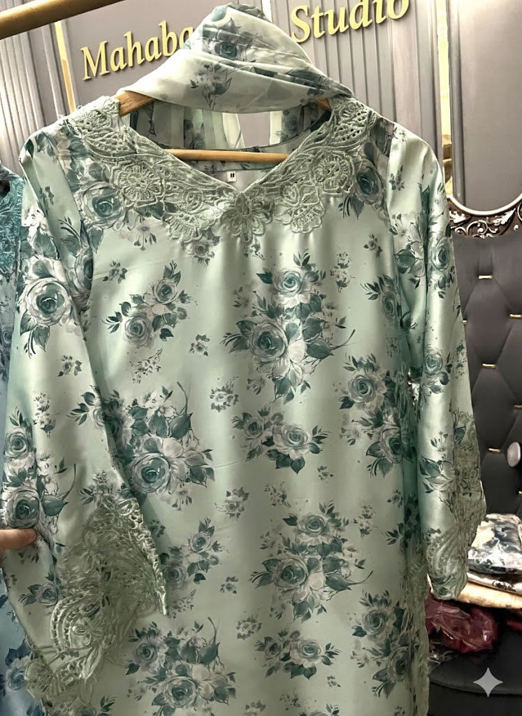 Floral Digital Printed Silk Long Shirt with Palazzo & Silk Dupatta – 3 Piece Set