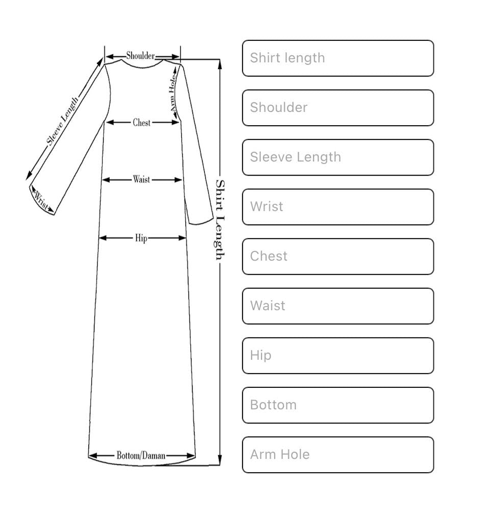 size chart Traditional Bridal Afghani Frock