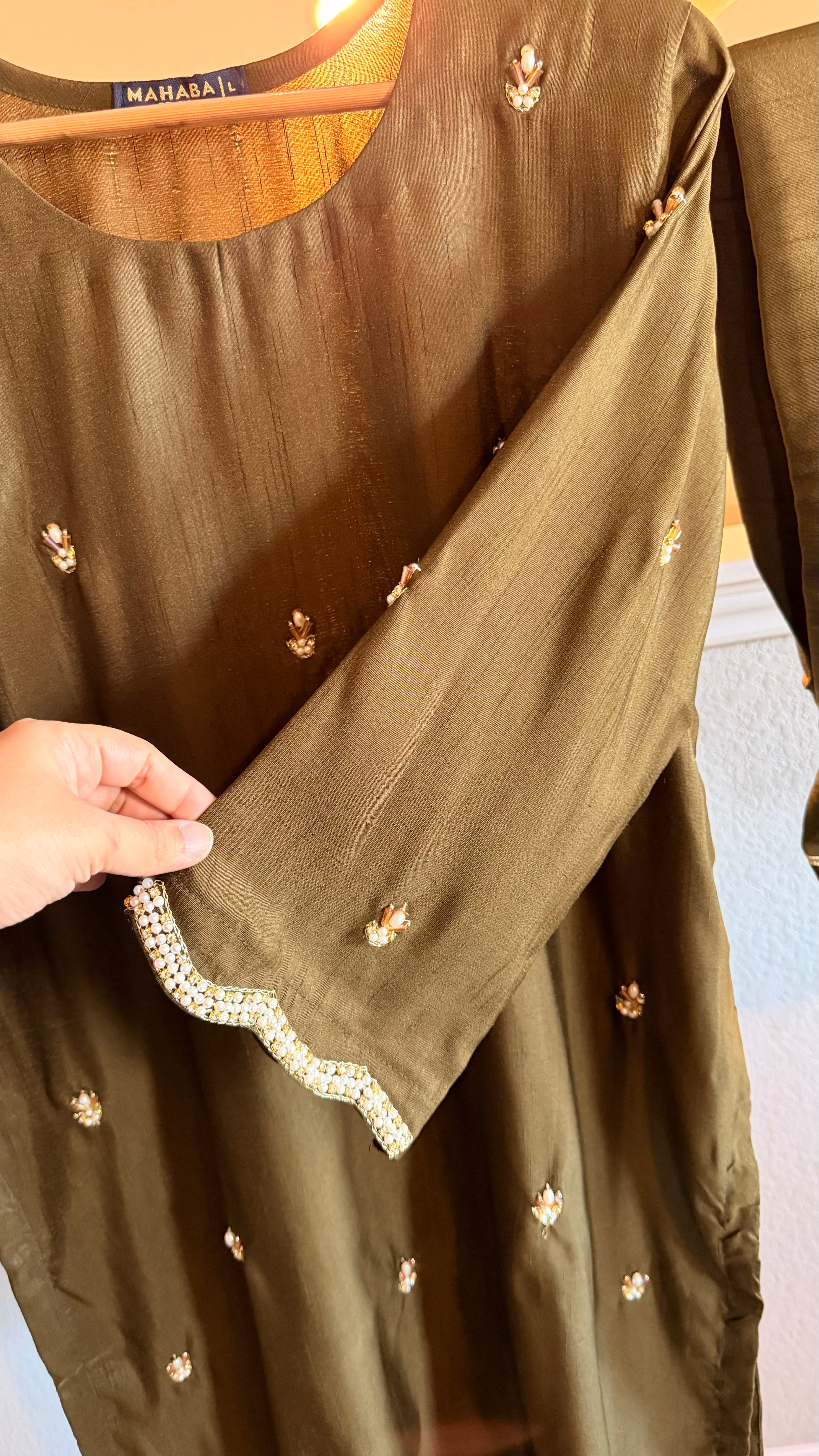 Korean Raw Silk Booti Shirt with Farshi Salwar & Chiffon Dupatta – 3 Piece Set