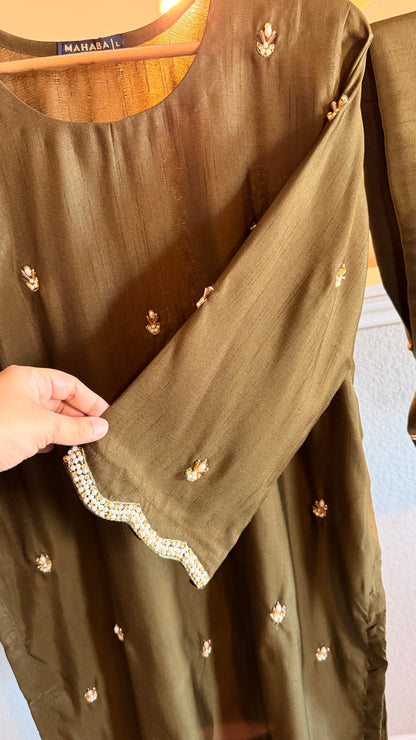 Korean Raw Silk Booti Shirt with Farshi Salwar & Chiffon Dupatta – 3 Piece Set