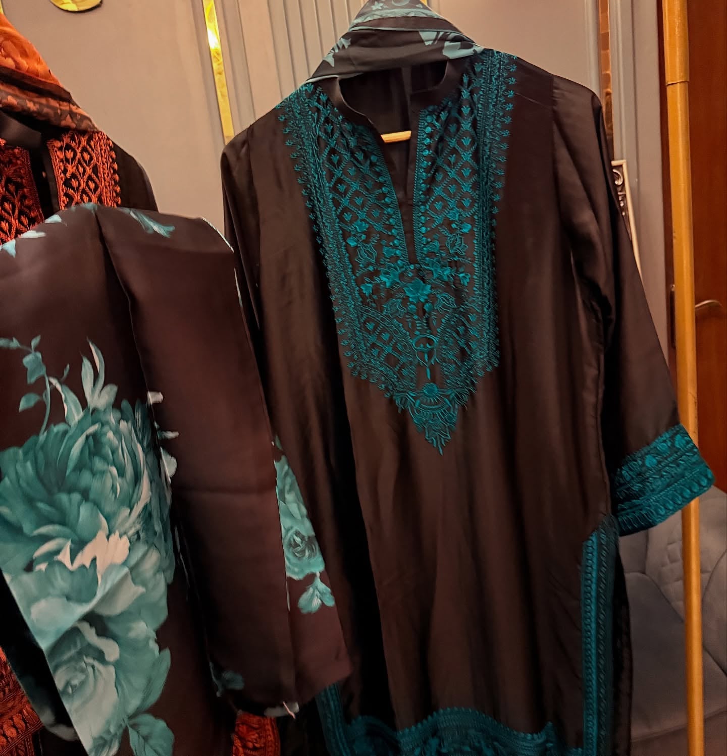 Shamoz Silk Embroidered Long Shirt Set – 3 Piece | Ready to Ship