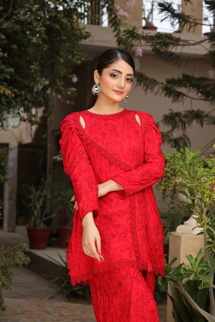 Red Chicken Embroidered Co-ord 2-Piece Stitched Suit