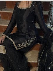 Black Hand-Embroidered Raw Silk Sharara Set - 3 Piece Festive Outfit