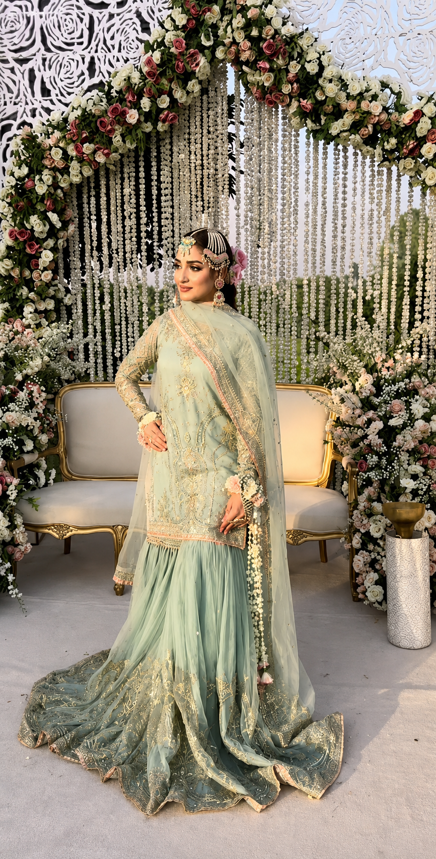 Mint Green Embroidered Luxury Festive Ensemble