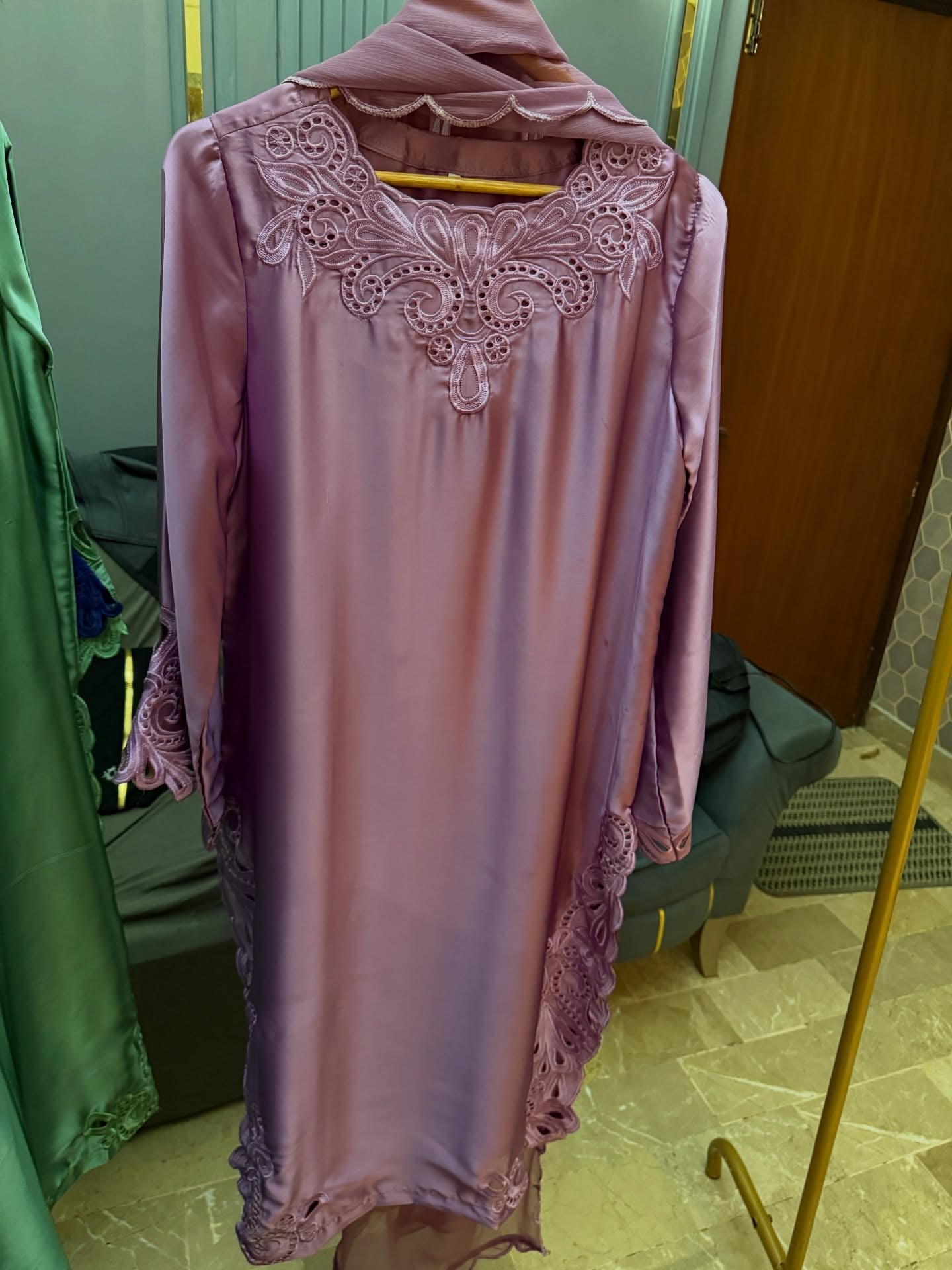 Short Silk Long Shirt with Cutwork Details & Chiffon Dupatta – 3 Piece Set