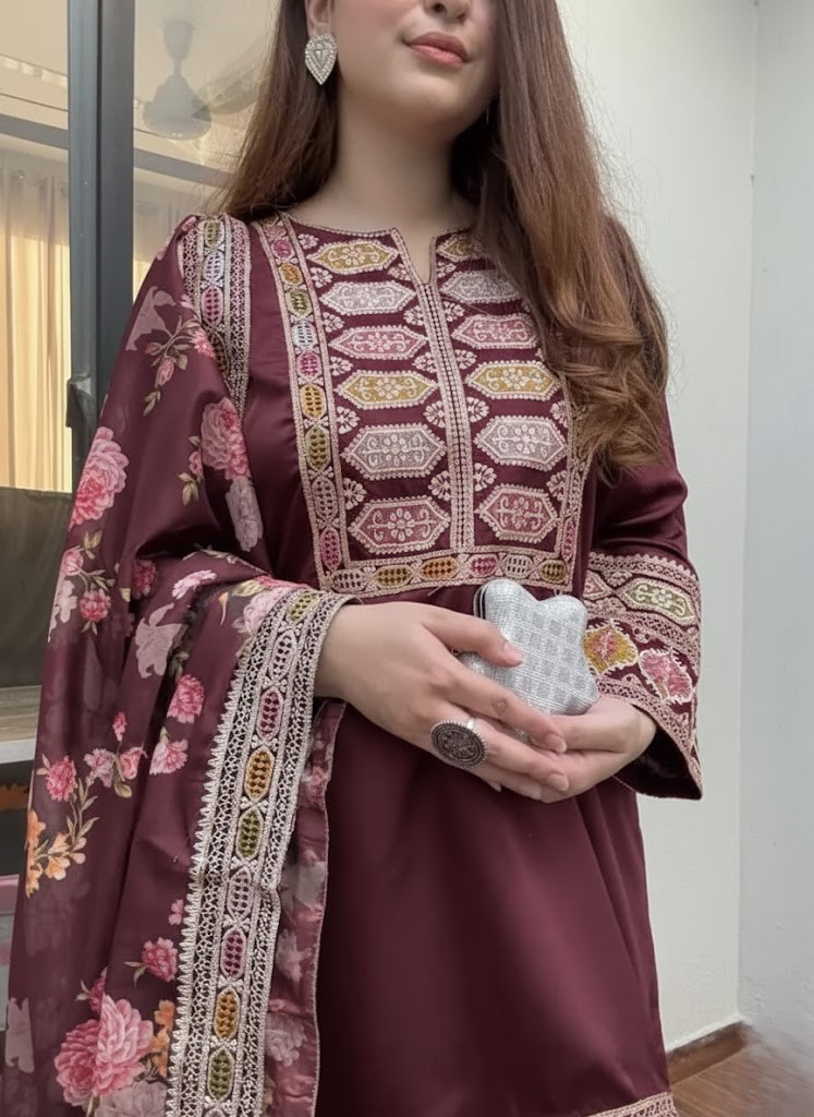 Premium Silk Afghani Embroidered Shirt with Patiala Salwar & Printed Dupatta – 3 Piece Set